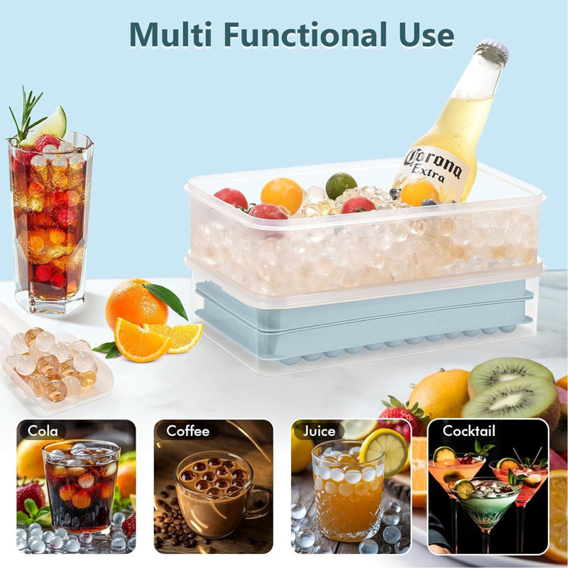2-Pack Mini Ice Cube Trays With Lids – Make Tiny Round Pebble & Crushed Nugget Ice For Cocktails, Iced Coffee, Smoothies & More! Perfect For Freezer, Fits In Cups & Tumblers (0.55In) – Keep Drinks Cold Without Diluting Flavor,Blue