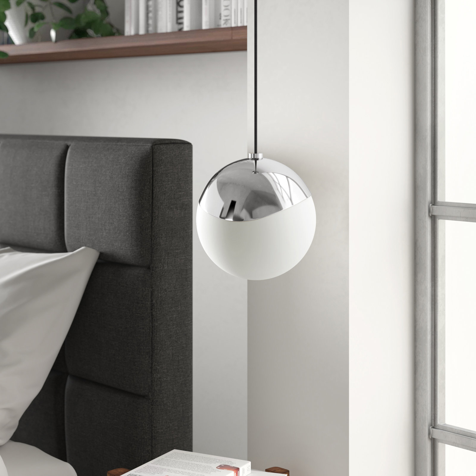 Taza Single Light Glass Dimmable Pendant, Polished Nickel, 8" H x 7.5" W x 7.5" D
