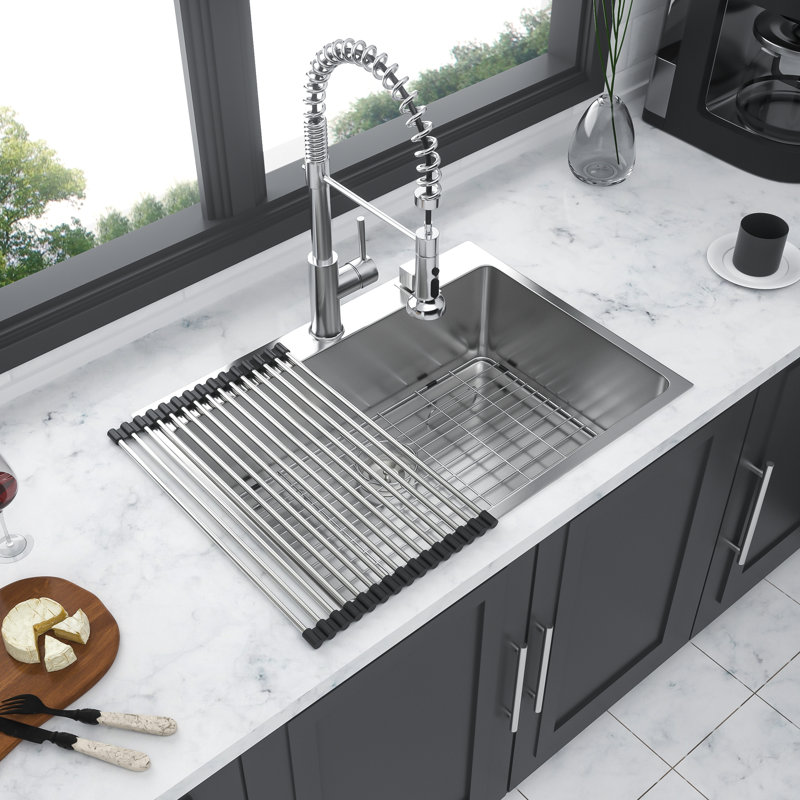 30x22 Inch Drop In Kitchen Sink: 16 Gauge Stainless Steel. T304 Steel Durability. 30" Single Bowl, Noise Reducing, Unobstructed Drain. Accessory Bundle Bowl Sink In: Made Of T-304 Steel, Inch.