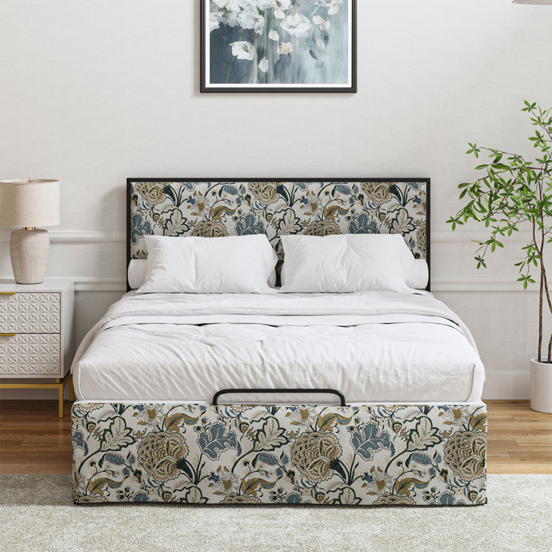 Neilius Upholstered Platform Bed with Washable Slipcover, Queen, Pattern Yellow