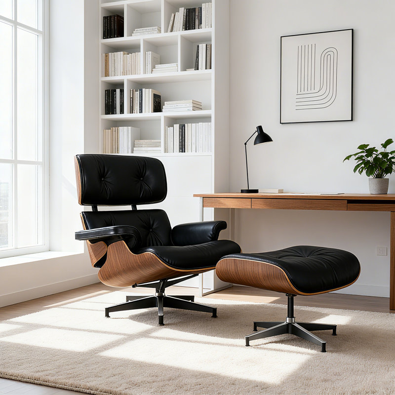 Premium Genuine Leather Lounge Chair With Solid Wood Frame, Steel Legs, Reclining Feature, And Footrest, Black/Brown