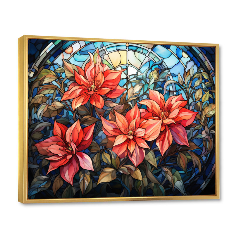 Vitrail poinsettia II - impression, H 24 po x l 32 po x P 1 po, Cadre flottant doré