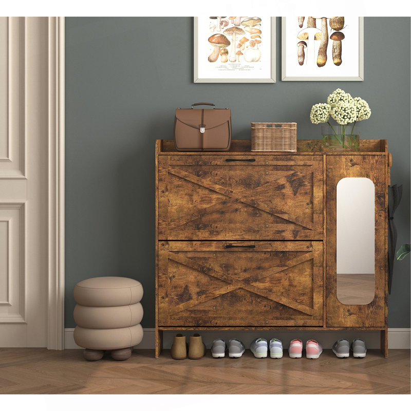Shoe Storage Cabinet With 2 Flip Drawers, Freestanding Organizer With Metal Legs For Entryway, Narrow Shoe Rack Cabinet, Rustic Brown