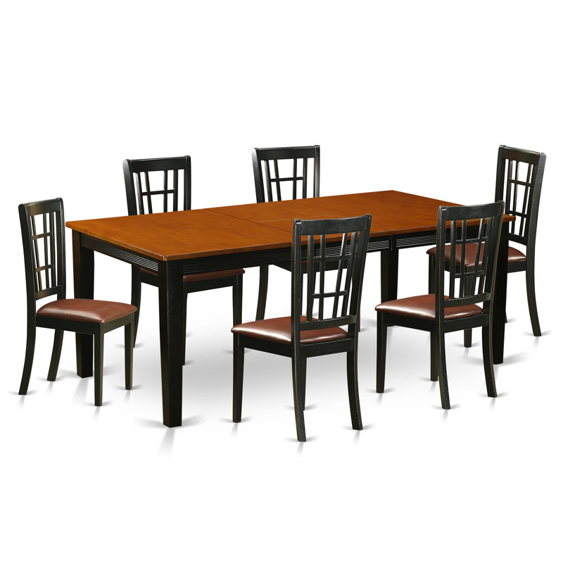 7 Piece Dining Room Table Set Consist of a Rectangle Wooden Table with Butterfly Leaf and 6 Faux Leather Kitchen Dining Chairs, Black & Cherry