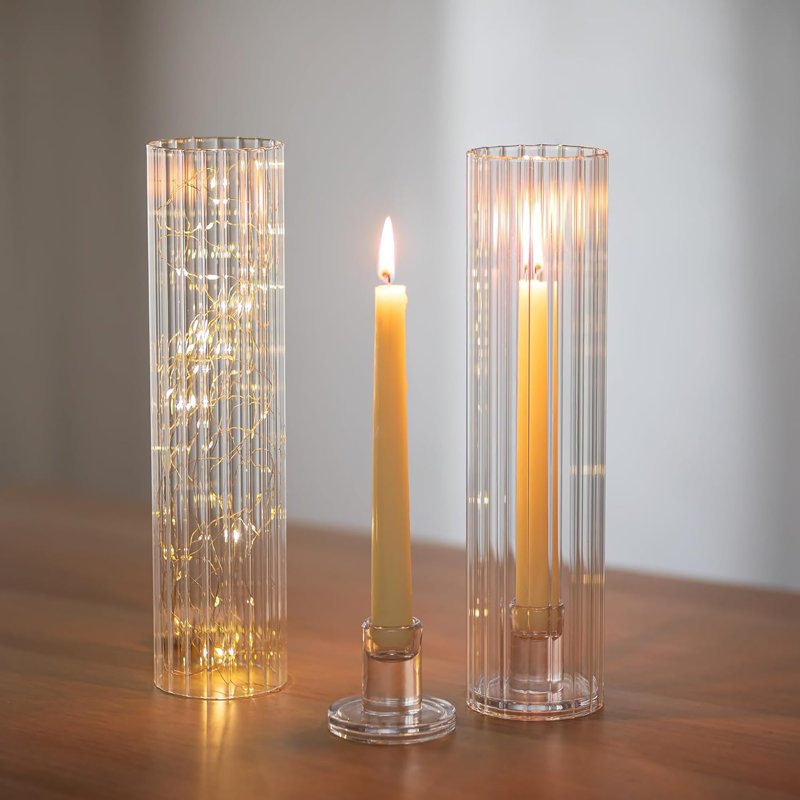 Ribbed Hurricane Glass Taper Candle Holders Set Of 2 - Tall Cylinder Cover Candlestick Holders For Fireplace, Dining Table, Centerpiece Decor - Windproof Design For Flameless And Taper Candles