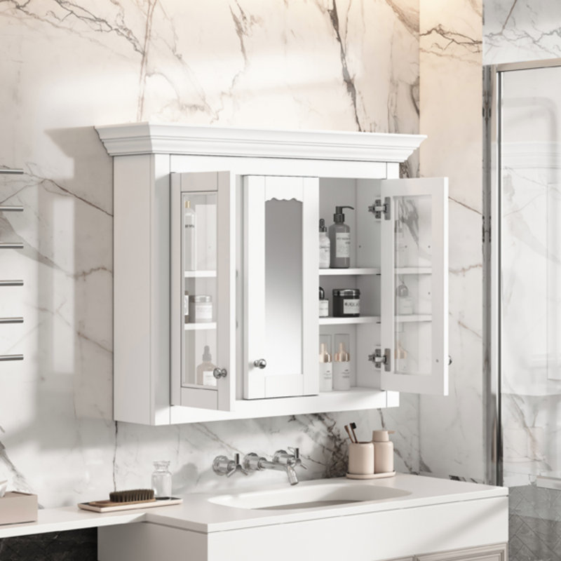 Armoire à pharmacie de 35 po avec miroir, 5 tablettes fermées et réglables, armoire de rangement murale avec portes en verre