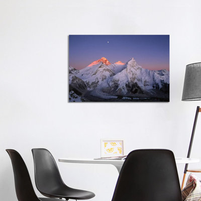 Moon Over Summit Of Mount Everest, Lhotse, And Nuptse As Seen From Mount Pumori, Sagarmatha National Park, Nepal by Grant Dixon - Wrapped Canvas Print