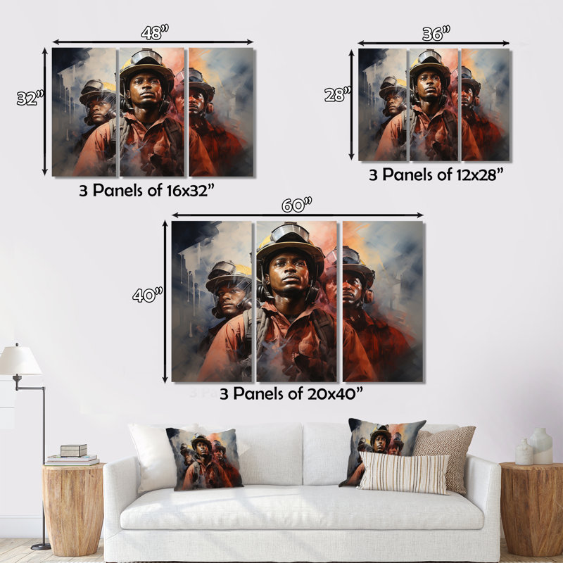 «Fireman Heroes In Action I», reproduction sur toile 3 pièces, H 28 po x l 36 po x P 1 po
