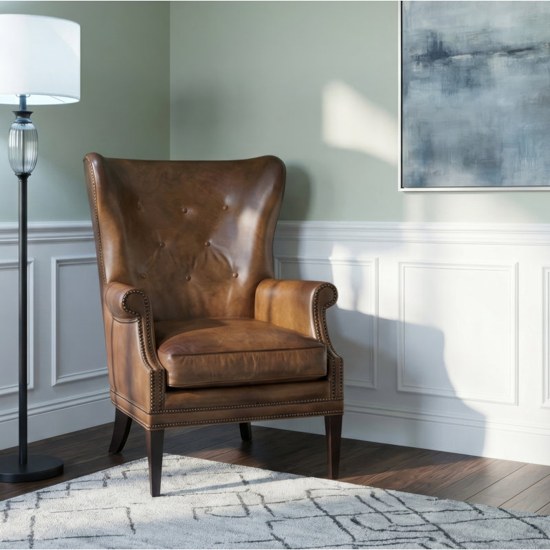 Maya Wingback Chair, Brown Genuine Leather
