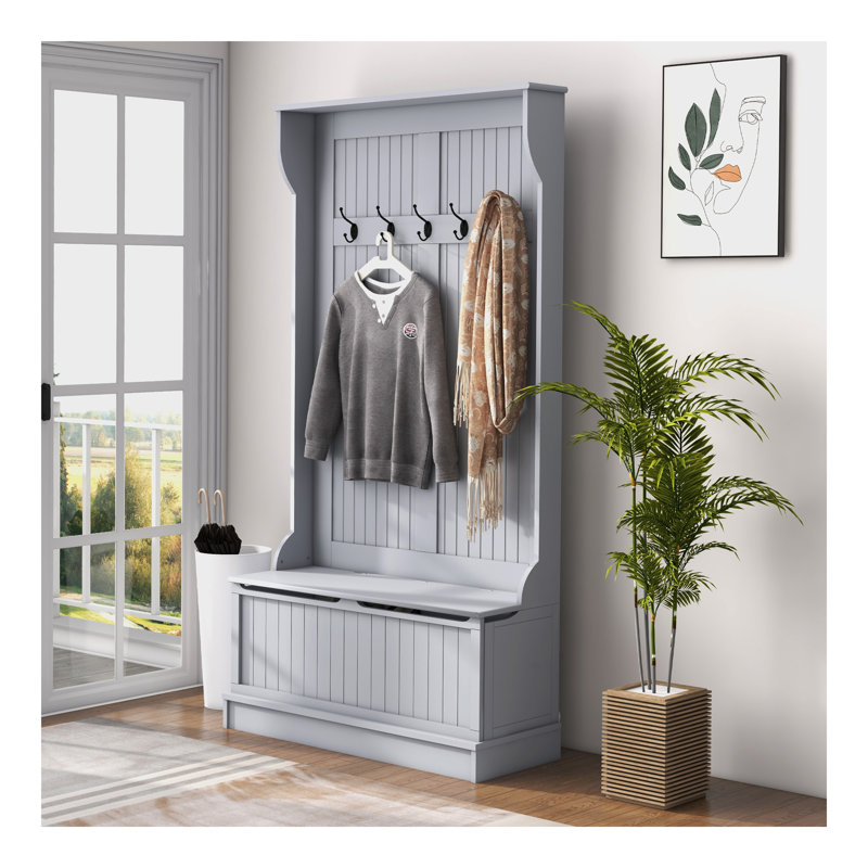 38" 3-In-1 Entryway Hall Tree With Storage Bench, Coat Rack With Four Hooks And Shoe Storage, Gray, Gray