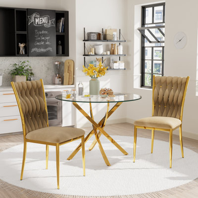 Glass Round Dining Table Set with Luxury Velvet Upholstered Dining Chairs