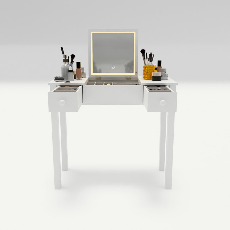 Bureau de coiffeuse multifonctionnel avec éclairage réglable à 3 niveaux avec miroir rabattable et rangement Table de maquillage profonde 15,75 po 2 tiroirs et 3 boîtes de rangement amovibles Bureau de bureau compact blanc