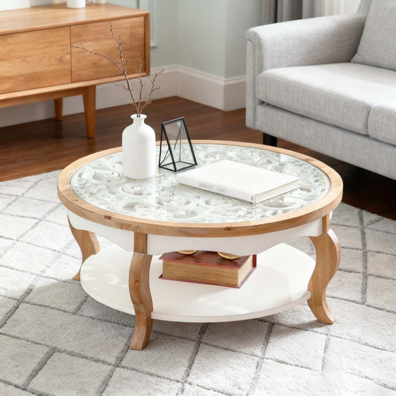 Table basse 31,50 "avec rangement ouvert, bois massif et panneau de fibres à densité moyenne + plateau en verre trempé
