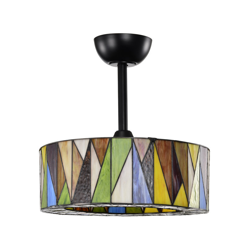 Delvis Black Lighted Ceiling Fan With Multi-Colored Earth Tones Tiffany Style Glass Shade Fandelier With Remote