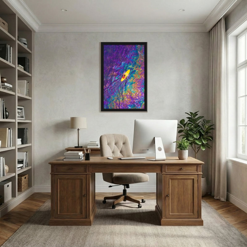 Paysage et nature, surface d'eau colorée abstraite avec kayak, H 18 po x l 12 po