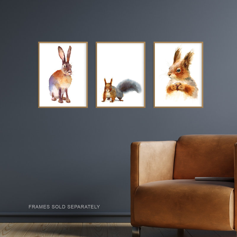 Watercolour Red Squirrel Hare Rabbit 3-Piece Set Unframed Wall Art Prints Bathroom Bedroom Aesthetic Woodland Painting