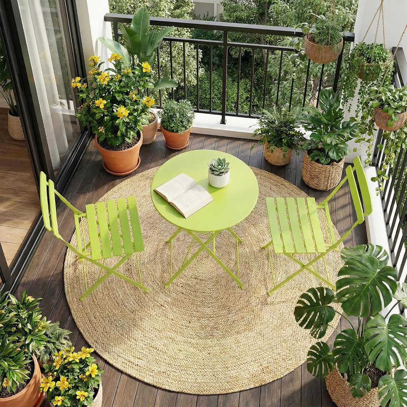 Ensemble bistro 3 pièces pour terrasse, table et chaises en métal, vert gazon, Ivoire ivoire
