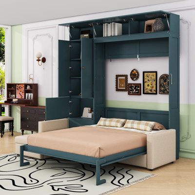 Grand lit escamotable avec canapé en L intégré et tablettes de rangement