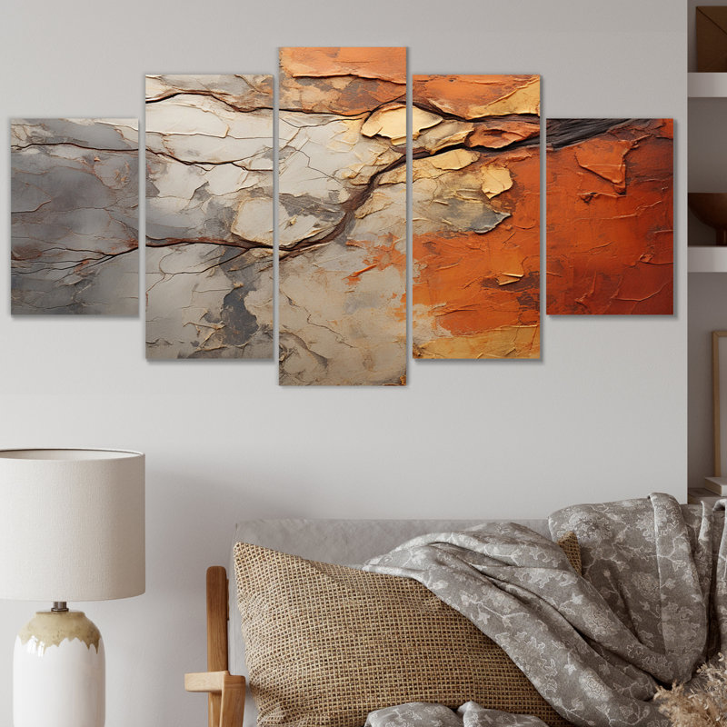 Collage d'arbre séquoia abstrait orange et gris - salon d'art mural moderne - 5 panneaux