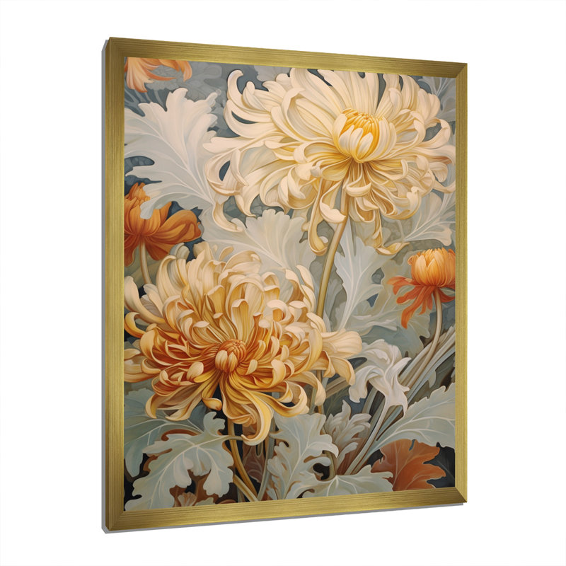 " Blooming White Orange Chrysanthemum Retro Art ", 44" H x 34" W x 1.5" D, Gold Single Picture Frame