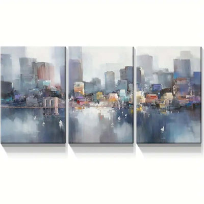 18*12，3 Piece Canvas Wall Art Prints Abstract Cityscape Brooklyn Bridge Painting Stretched Artworks Framed Art Colorful New York Skyline Buildings Pic