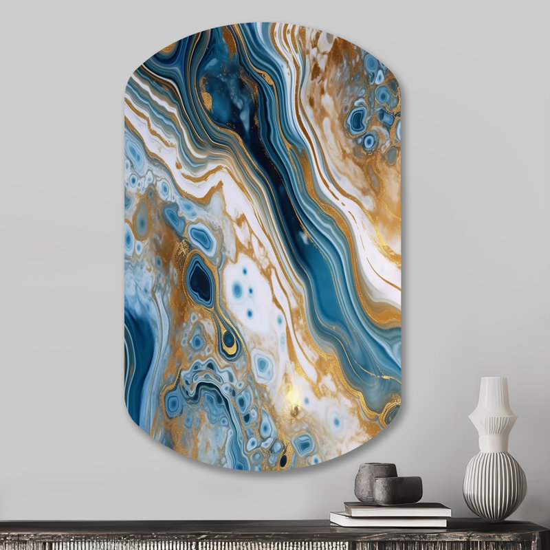 «Blue and White Marble Dreams», art mural cylindrique abstrait en métal, impression asymétrique bleue sur métal