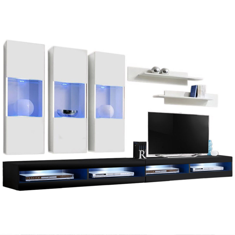 126" Modern Floating Wall Mounted Entertainment Center with 16-Color LED Lighting, High Gloss Finish, White/Black