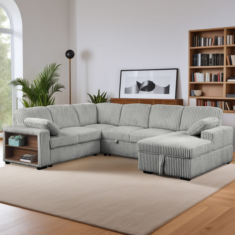 U-shaped Corduroy Sectional Sofa Bed Pull Out Sleeper with Large Storage Chaise and Armrest Storage, Light Dray Corduroy