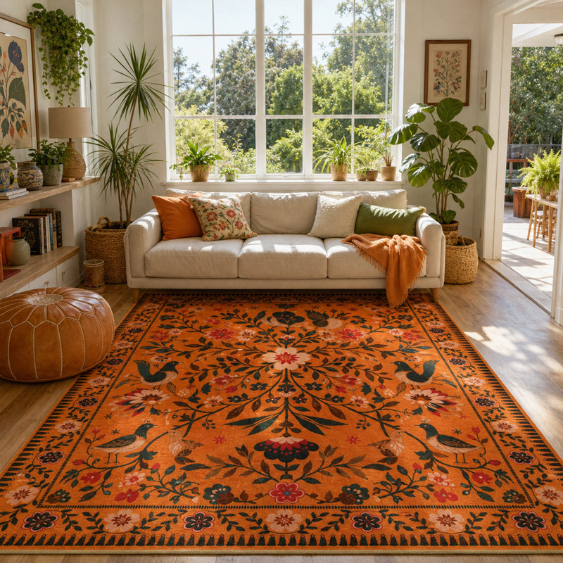  Goldene Boho Washable Botanical Orange Area Rugs for Living Room, Low-Pile Floral Rug with Non Slip Backing For Bedroom Dining Room