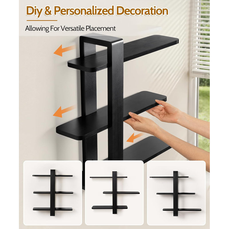 Black Floating Shelves Pine Wood 3 Tier 20in Wall Mounted Shelf for Photo Books Display Shelving Bedroom Living Room Office Bathroom Home Decor