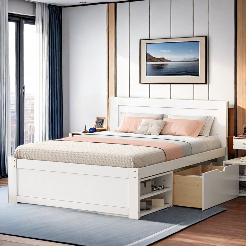 Wooden Platform Bed With A Drawer, Open Shelves And Pull-out Storage Cabinet, White