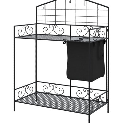 Bureau de mise en pot de jardin en métal avec fonction pliable, housse et housse intégrées, 5 crochets et tablette, ergonomique pour économiser le jardinage, capacité de travail pliable noir, travail des plantes confortable,