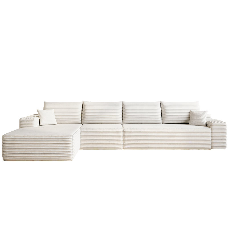 Canapé-lit blanc en forme de L de 135 po, assise profonde moderne recouverte de velours côtelé, 4 pour la chambre à coucher et l'espace de vie, aucun canapé modulaire requis en blanc, méridienne, zones modulaires, requis