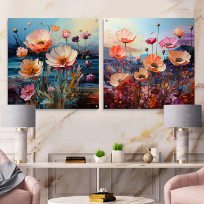 Multicolore fleurs champ liquide Art - ensemble de 2 art mural acrylique champ de fleurs en verre