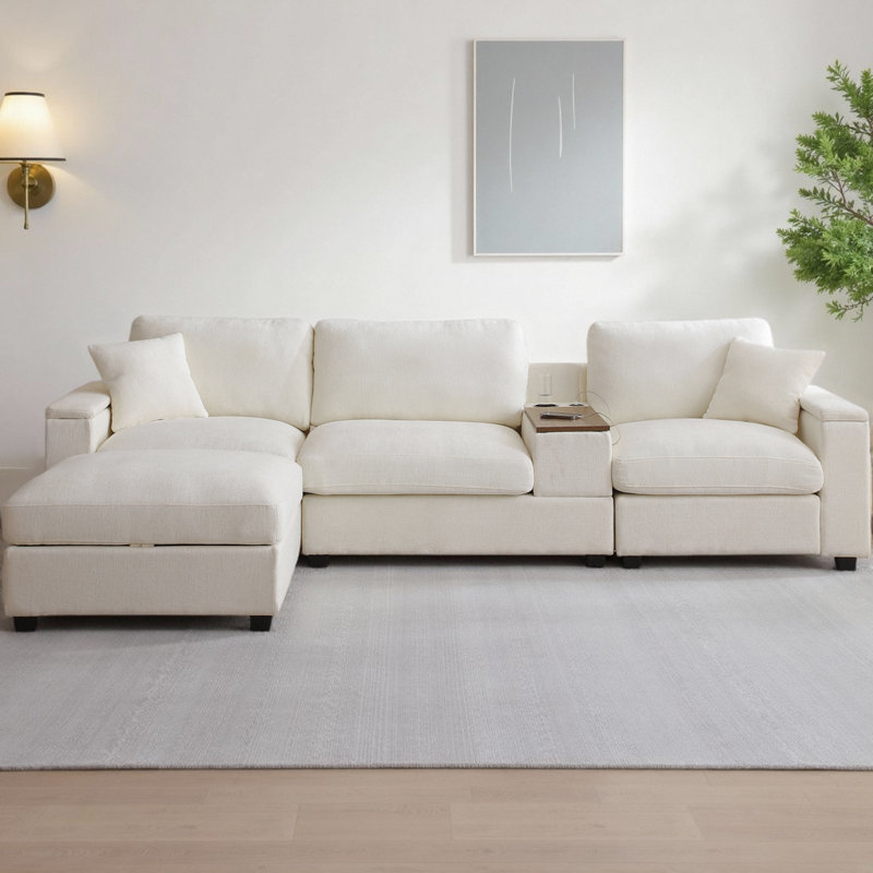 Canapé modulaire en L 120,3 po à 5 places avec table rabattable, plateau pivotant à 360 °, chargeur USB, porte-gobelets et repose-pieds de rangement (revêtement en lin)