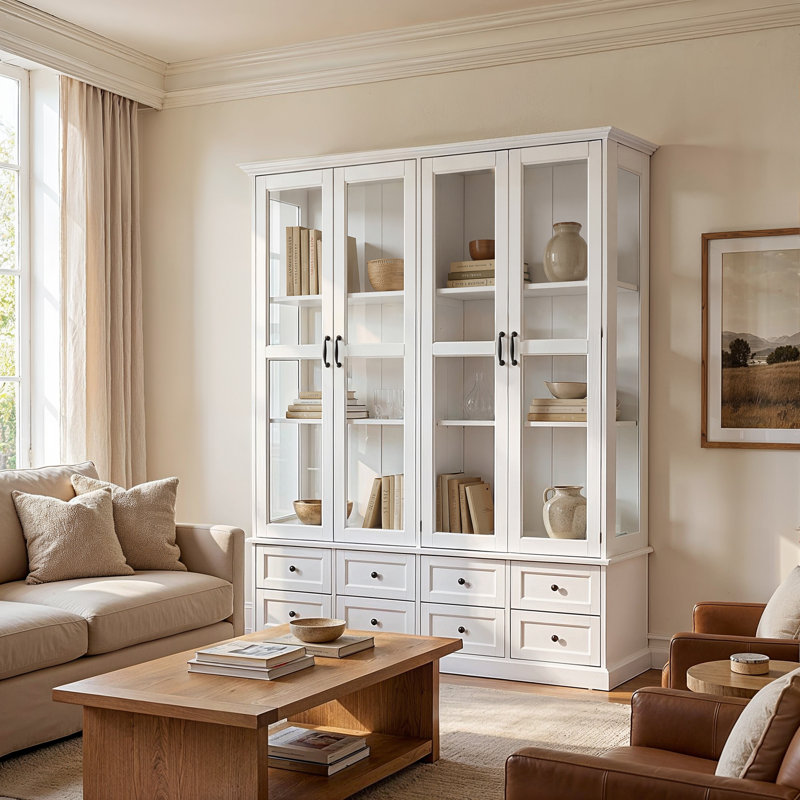 63'' W Glass Display Bookcase With LED Lighting, 4 Glass Doors And 8 Drawers