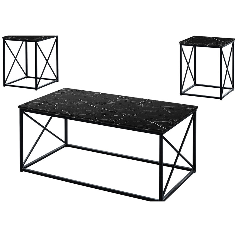 Table contemporaine 3 pièces - stratifié aspect marbre noir, structure en métal robuste, 2 tables basses et 2 tables de bout pour la décoration du salon, plateaux stratifiés modernes, structure, utilisation