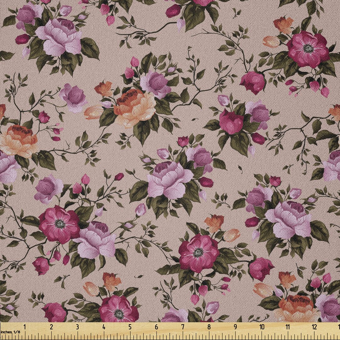 Stoff als Meterware, Blumenmuster mit Rose, Blume, Tan Rosa Dunkelgrün