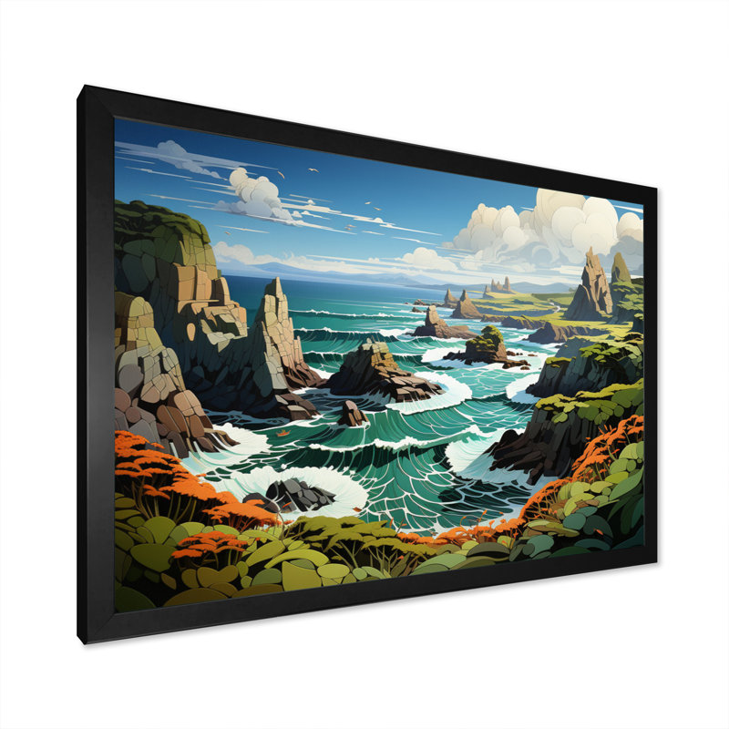 Coastal Rocky Coastline Papercut - Reproductions d'art mural paysages, H 24 po x l 32 po x P 1 po, Cadre photo noir