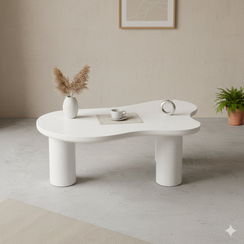 Table basse en forme de nuage de 44 po x 25,9 po facile à assembler avec plateau de 1,5 po d'épaisseur, table de bout irrégulière de couleur crème avec trois pieds robustes, table centrale élégante avec bords arrondis pour le salon, blanc