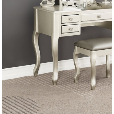 Meuble-lavabo contemporain en argent avec tabouret de siège à coussin, placage de peuplier, largeur de 18 po et miroir moderne en bois d'hévéa ouvert d'une hauteur de 39 po pour projet de transformation