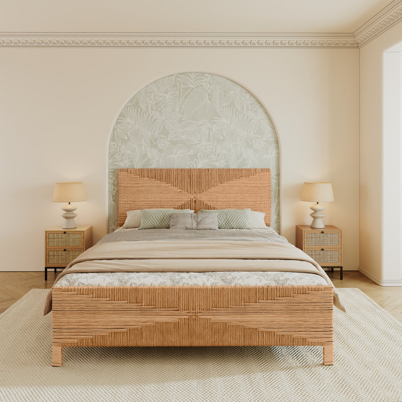 Boho Hand-woven PE Rattan Bed, Queen