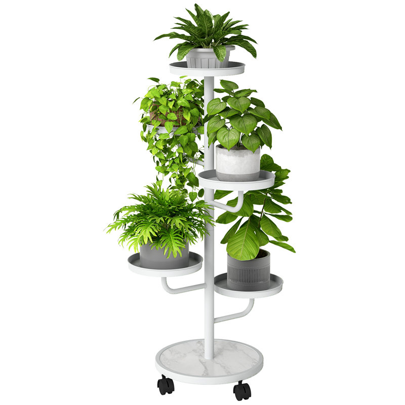 Support à plantes d'angle en métal à 5 ​​niveaux avec roulettes, blanc, pour intérieur et extérieur, Blanc