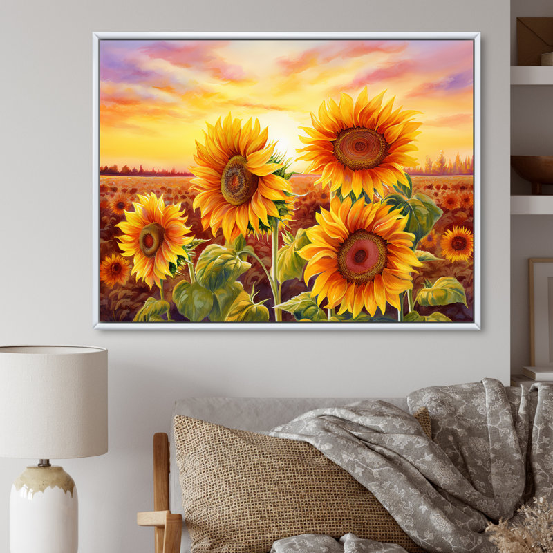 «Burning Sunset Sunflowers Field» sur toile, H 16 po x l 32 po x P 1 po, Cadre flottant blanc