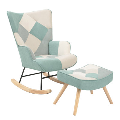 Mid-Century Fabric Rocking Chair with Ottoman and Wooden Legs in Patchwork Linen -  George Oliver, A808047C5B9E4372957FD35647F878B3