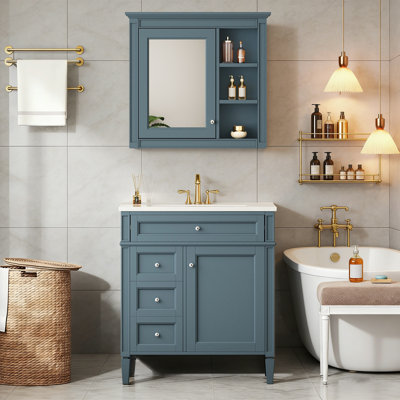 Ensemble de meuble-lavabo autoportant 30 po avec lavabo supérieur, meuble-lavabo moderne avec 2 tiroirs et tiroir basculant, ensemble de meuble-lavabo autoportant avec miroir et meuble-lavabo simple (identique à SW000126AAF)