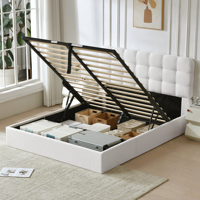 Gaillarde Arcadia Hydraulic Lift Up Storage Upholstered Platform Bed,Boucle White,Full, Full, White Boucle