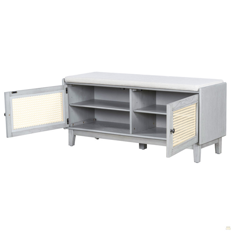 Trexm Boho Rattan Entryway Bench With Storage, Cushioned Shoe Bench With Double Doors, Wooden Shoe Organizer Bench For Entryway And Hallway (Gray Wash)