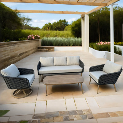King 4-Piece Brown Aluminum Woven Rope Patio Conversation Seating Set with Acrylic Cushions