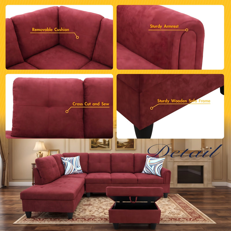 Canapé modulaire rembourré réversible avec repose-pieds, Rouge, Orienté à droite